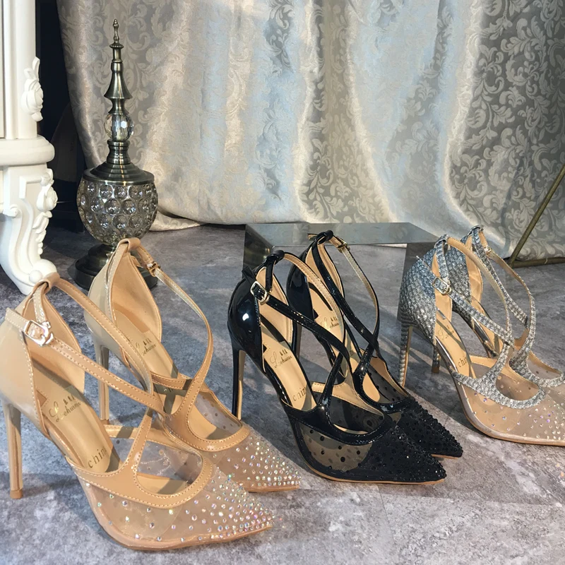 Free shipping fashion Pumps lady Designer Brand New Nude black mesh crystal Criss Cross point toe shoes 10cm wedding shoes afbeelding