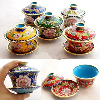 

Beijing cloisonne blue bowl three-piece set tea bowl tea set tea cup featured gift decoration 4 inch