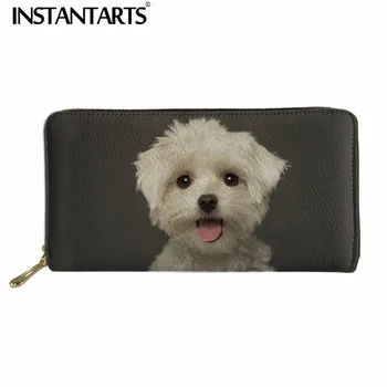 

INSTANTARTS Brand Design Women Long Wallets Casual Leather PU Wallet Clutch 3D Cute Bichon Frise Print Female Coin Money Purse