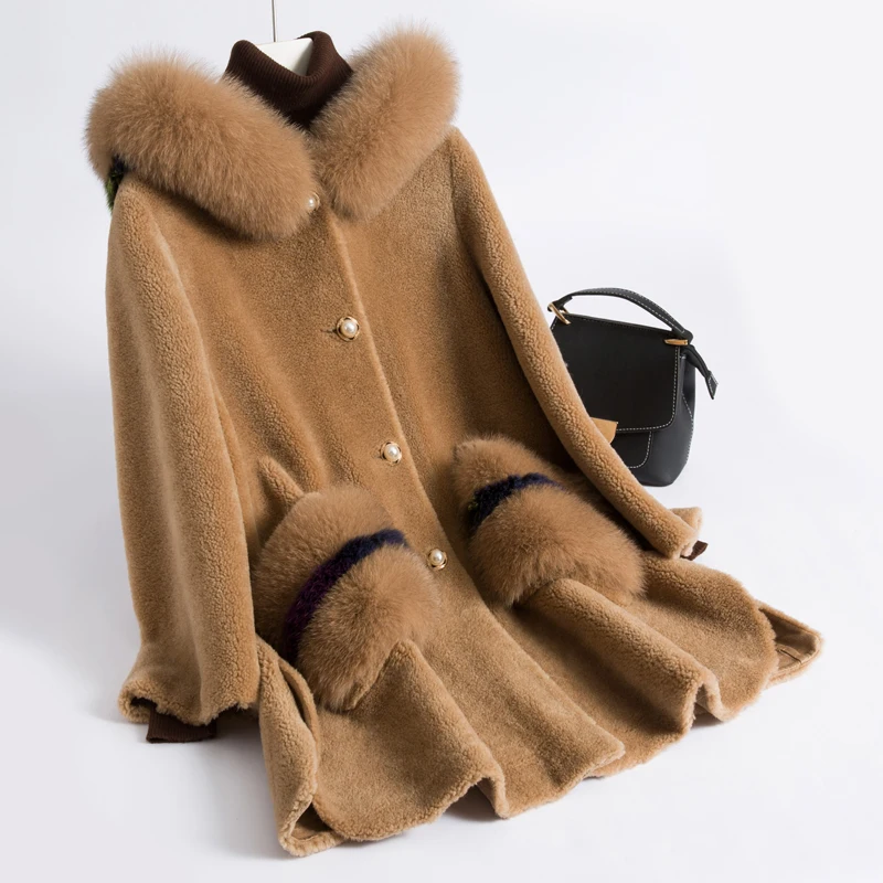 Tcyeek овечья шерсть пальто осень зима шерстяная куртка для женщин натуральный Лисий мех с капюшоном элегантные длинные куртки парка Весна LWL1268