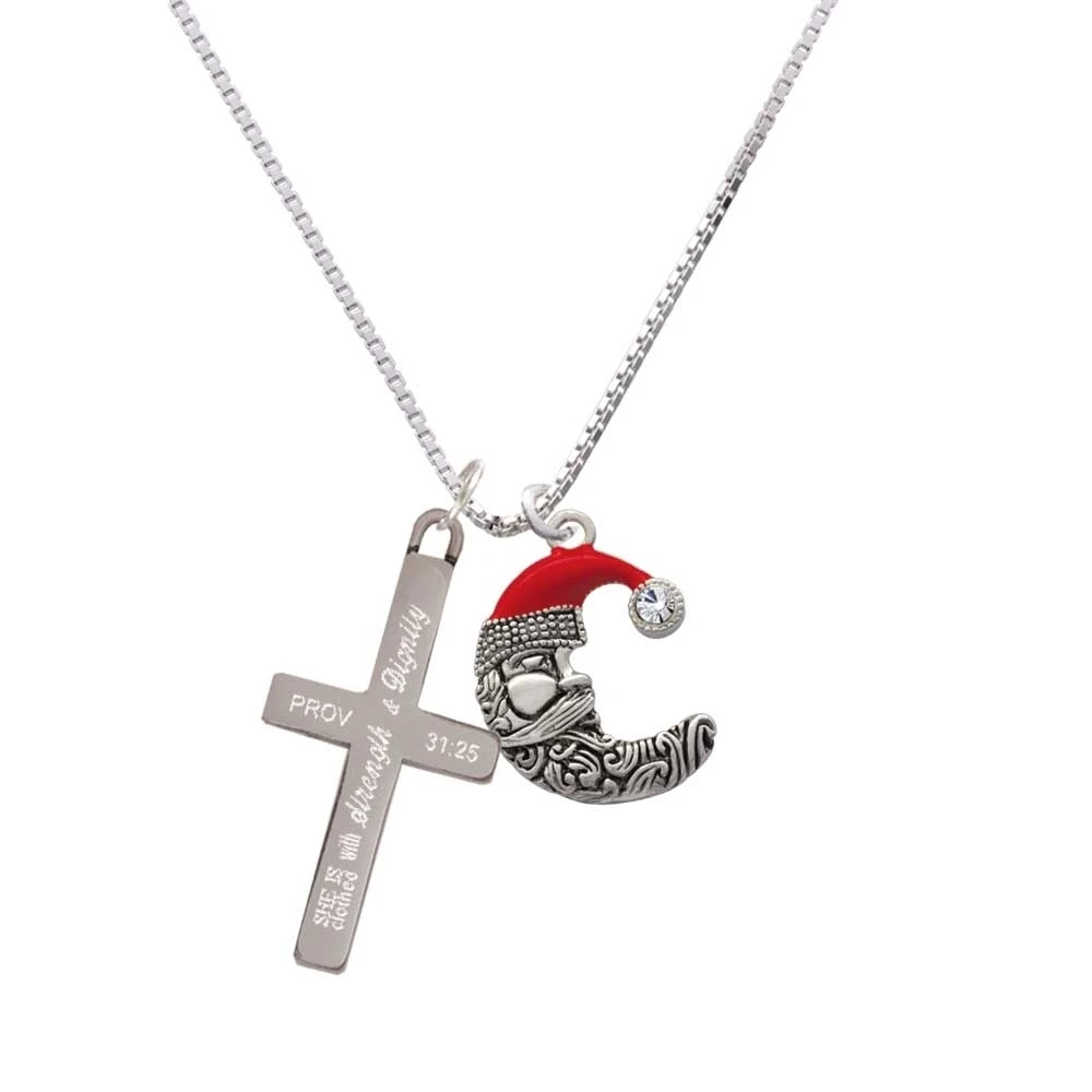 Large Crescent Moon Santa Face - Strength and Dignity - Cross Necklace