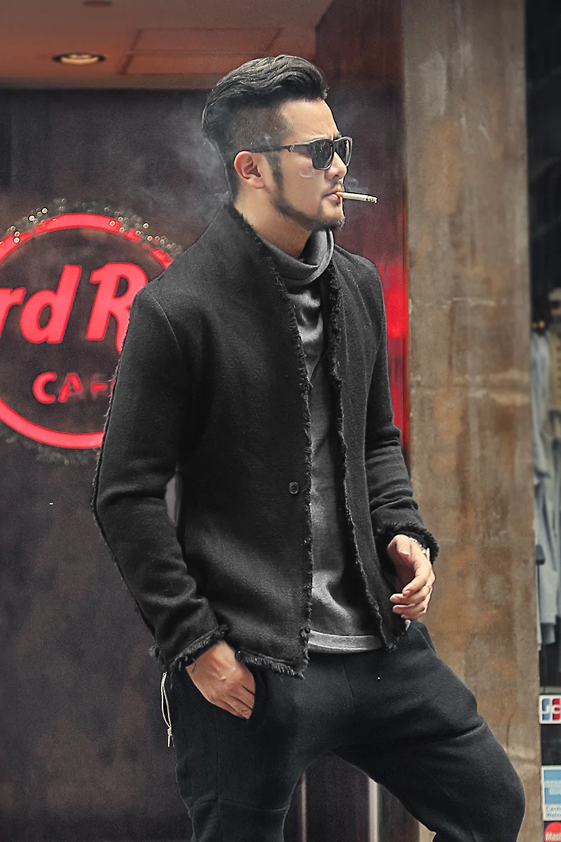 New Spring Retro Black Fur-trimmed Casual Slim Black European Style Suit for Men Stand Collar Men Suit Blazer Brand F8288