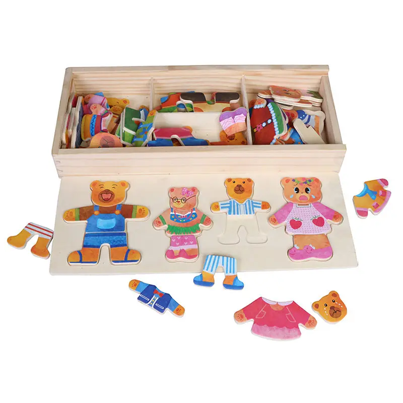 Креативные набор деревянных головоломок меняющая одежда Пазлы Дети Детские развивающие игрушки медведь Детские деревянные Обучающие