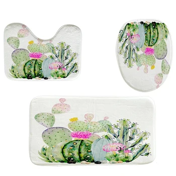 

4Pcs Home Bathroom Decor Set Watercolor Pink Cactus Flower Pattern Toilet Seat Cover Bath Mat Set Waterproof Shower Curtain