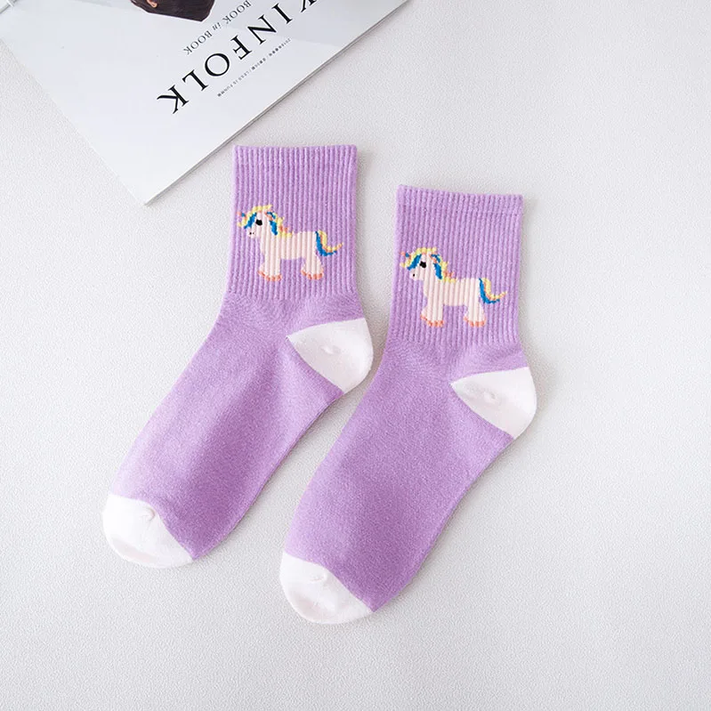 Хлопковые милые серьги в Корейском стиле, Носки с рисунком единорога для женщин, фиолетовые модные носки Ulzzang для девочек, повседневные забавные носки с животными, Kawaii Meias - Цвет: 5