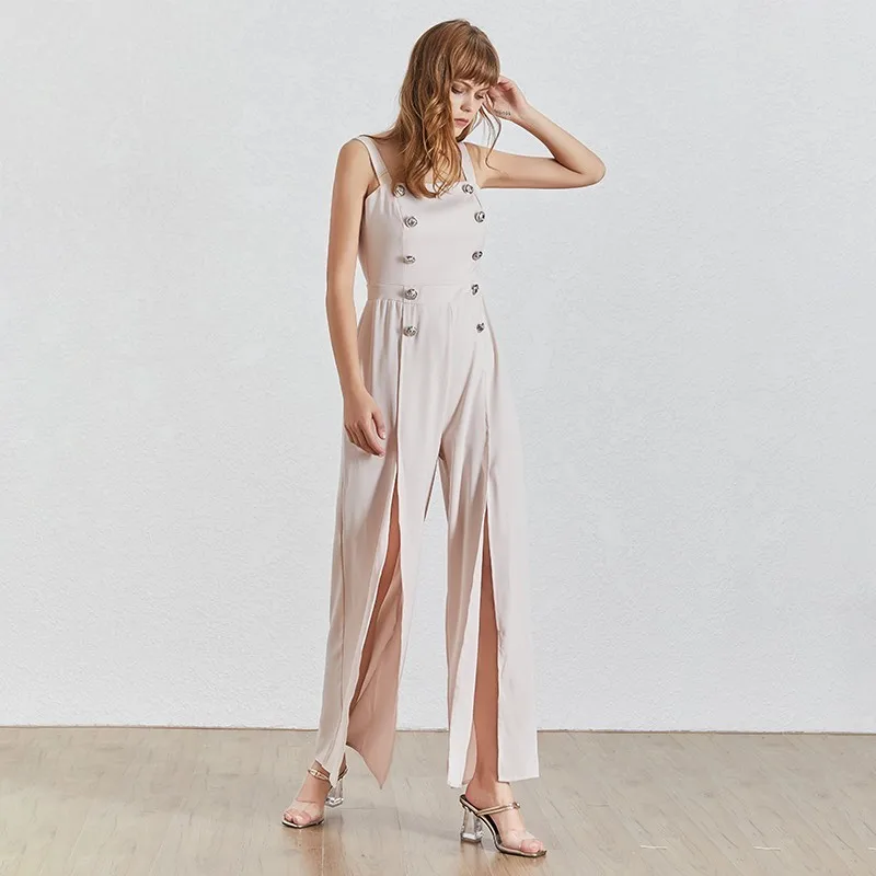 pink TWOTWINSTYLE, летний женский комбинезон без рукавов, с открытыми плечами, с высокой талией, на пуговицах, с разрезом, широкие штаны, женская мода, новинка - Цвет: pink