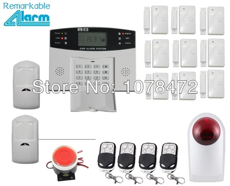 

Customized set,LCD display GSM SMS home alarm system,+door sensor+PIR detector+ wireless outdoor strobe siren,GSM alarm system