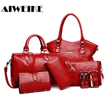 Seis en uno 6 unids/set Mujeres del Patrón del Cocodrilo de LA PU Bolso de Las Señoras Tote Niñas Hombro Bolsas Mensajero Bolso Cruzado cuerpo de La Taleguilla