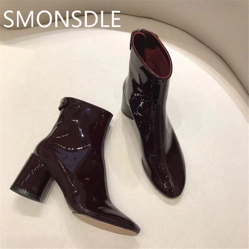 

SMONSDLE New Fashion Genuine Leather Women Ankle Boots Pointed Toe Round Heels Women Motorcycle Boots Autumn Winter Shoes Woman
