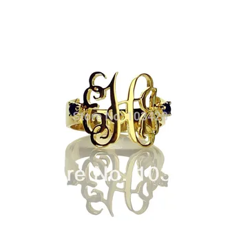 

AILIN Personal Monogram Cut Script Hand 3 Initial Ring Monogrammed Gold Color Rings For Women With 2 Birthstone In Each Side