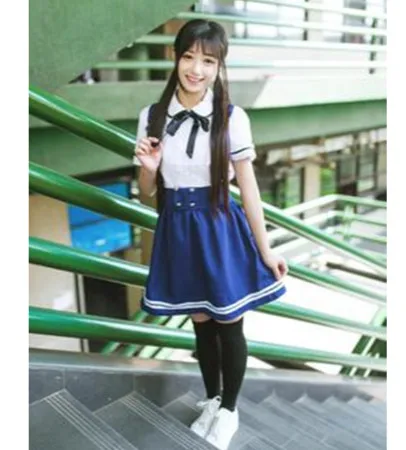 Японская школьная униформа для девочек студентов класса Милая одежда Большие размеры темно-синяя юбка с лямками+ белая рубашка+ чулки 3 шт./компл - Цвет: set 3 short sleeves