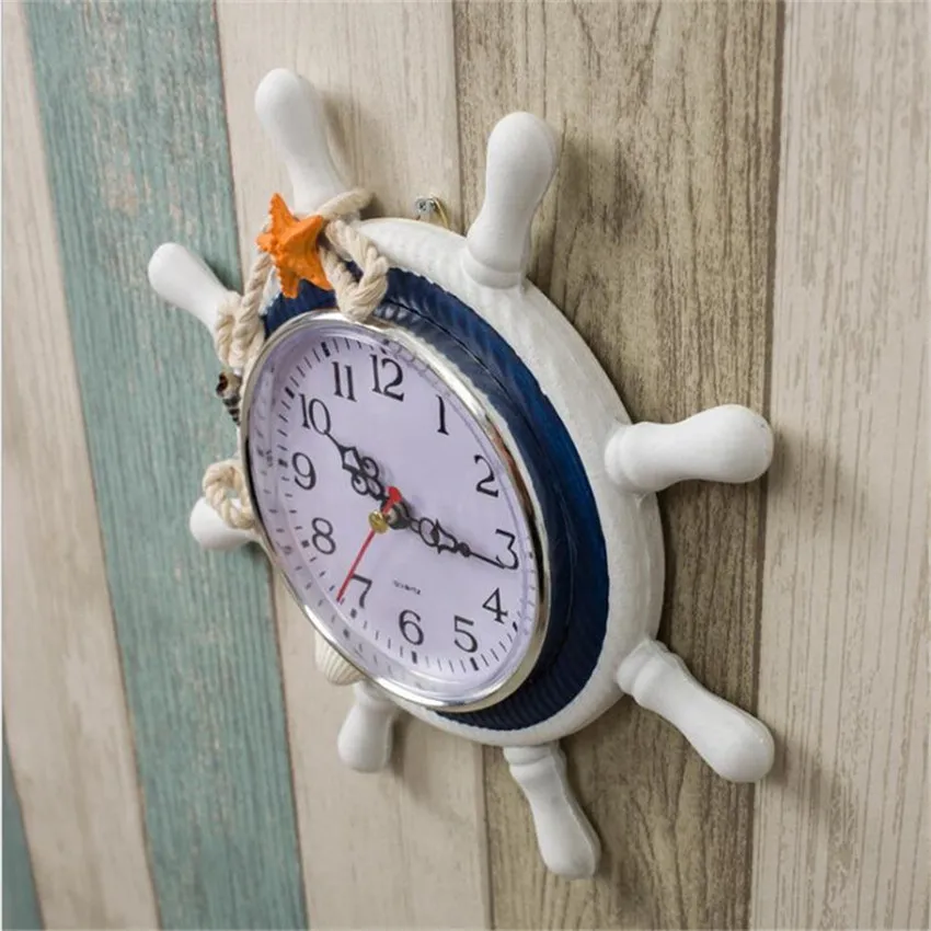 Vintage mediterranean style Rudder woodern wall clock for living room Retro silent Horloge Murale Quartz home decoration klok (2)