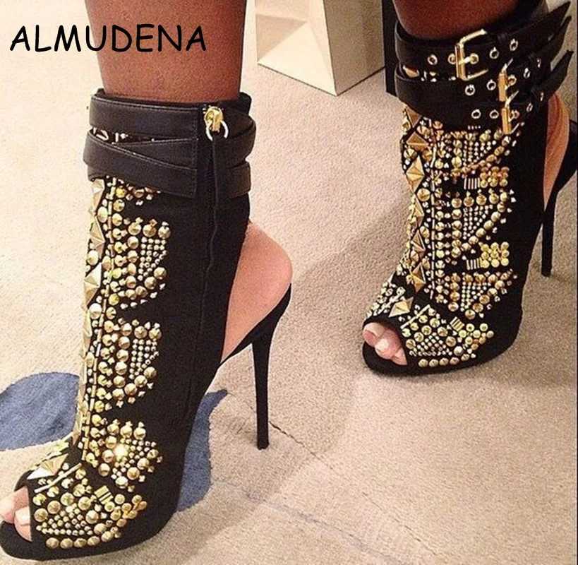 NEW!! Ladies Black Metal Studded Ankle Boots Open Toe Peep Toe High Heels