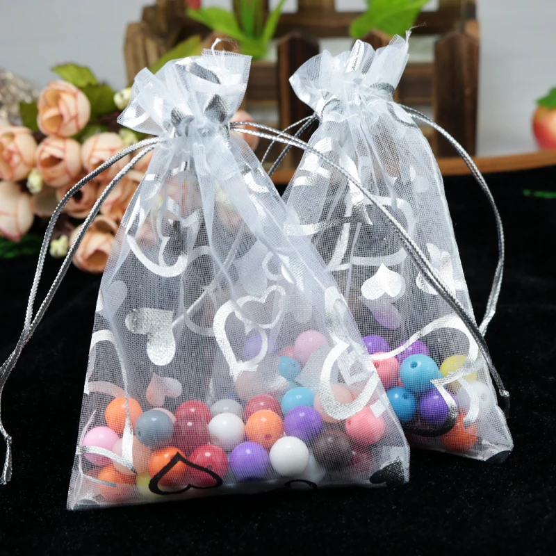Hot Sale 100pcs White Organza Bags 11x16cm Hearts Design Wedding