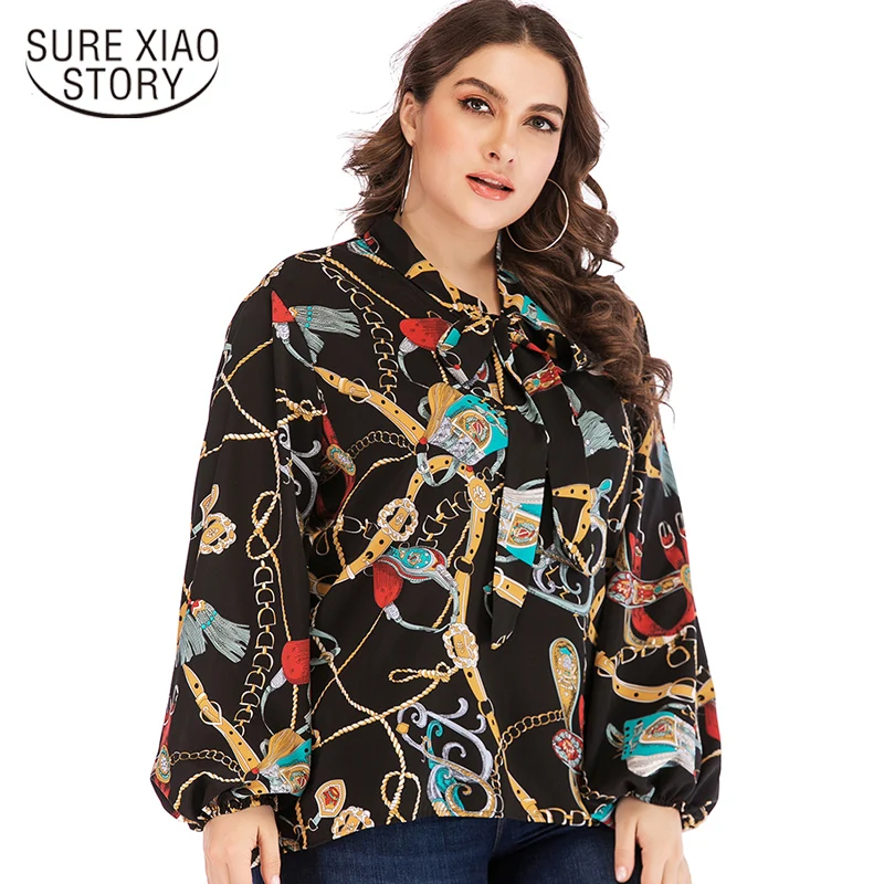  Fashion womens tops 2019 casual loose plus size 3XL 4XL print chiffon shirt long sleeve women shirt