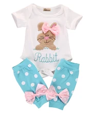 2pcs!!2017 New Toddler Kids Baby Girls Outfits Rabbit Short Sleeve Romper Top+Dot Bownot Leg Warmer Clothes Set