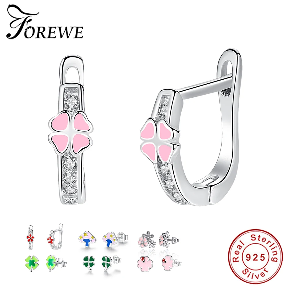 

925 Sterling Silver Stud Earrings Enamel Lovely Four Leaf Clover Heart Flower Crystal Earrings For Girls Kids Children Jewelry