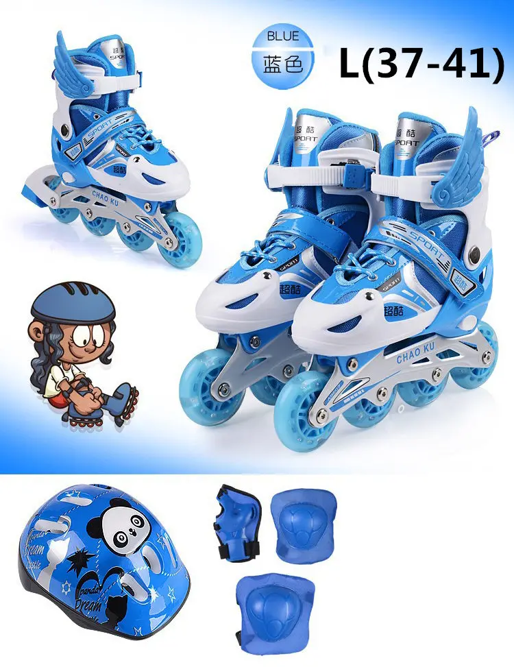 Регулируемые роликовые коньки для детей, детская обувь для роликов, скейтборда, 8 шт., мигающие светящиеся колеса, бесплатные ролики, шлем, защита - Цвет: Whole Flash Blue --L