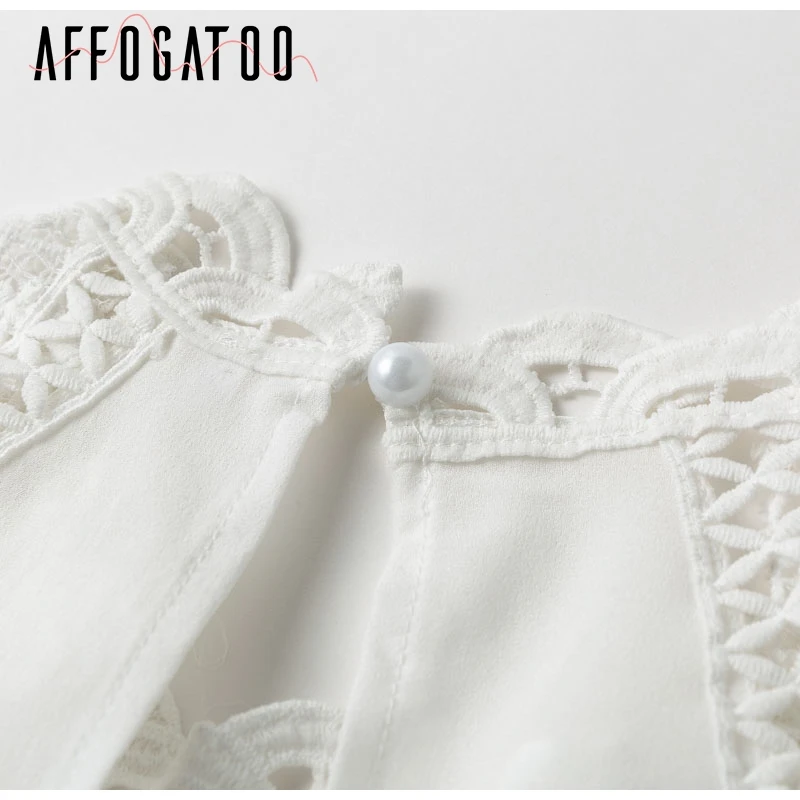 Afogatoo Повседневная кружевная белая блузка Топ Летняя женская элегантная шифоновая рубашка с вышивкой винтажная уличная Черная Женская блузка