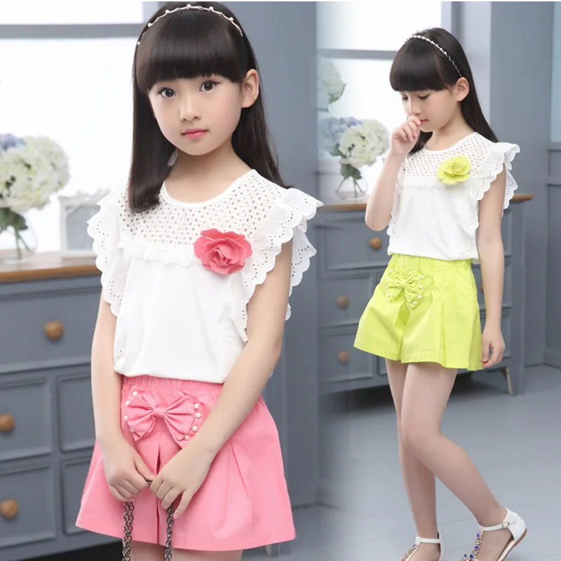 

big girls summer set with shorts bow kids outfits children girl clothes sets white tops pink purple green beaded shorts suits