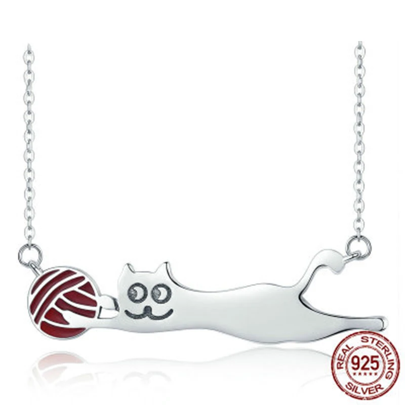 Qevila Jewelry Necklaces Authentic 100% 925 Sterling Silver Little Naughty Cute Cat Long Pendant Necklace for Women  S925 Chains (6)
