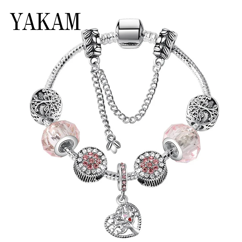 

Pink Glass CZ Clear Zircon Family Trees Beads Fit European Original Bracelet Life Tree Heart Pendant Women Jewelry Making Bangle