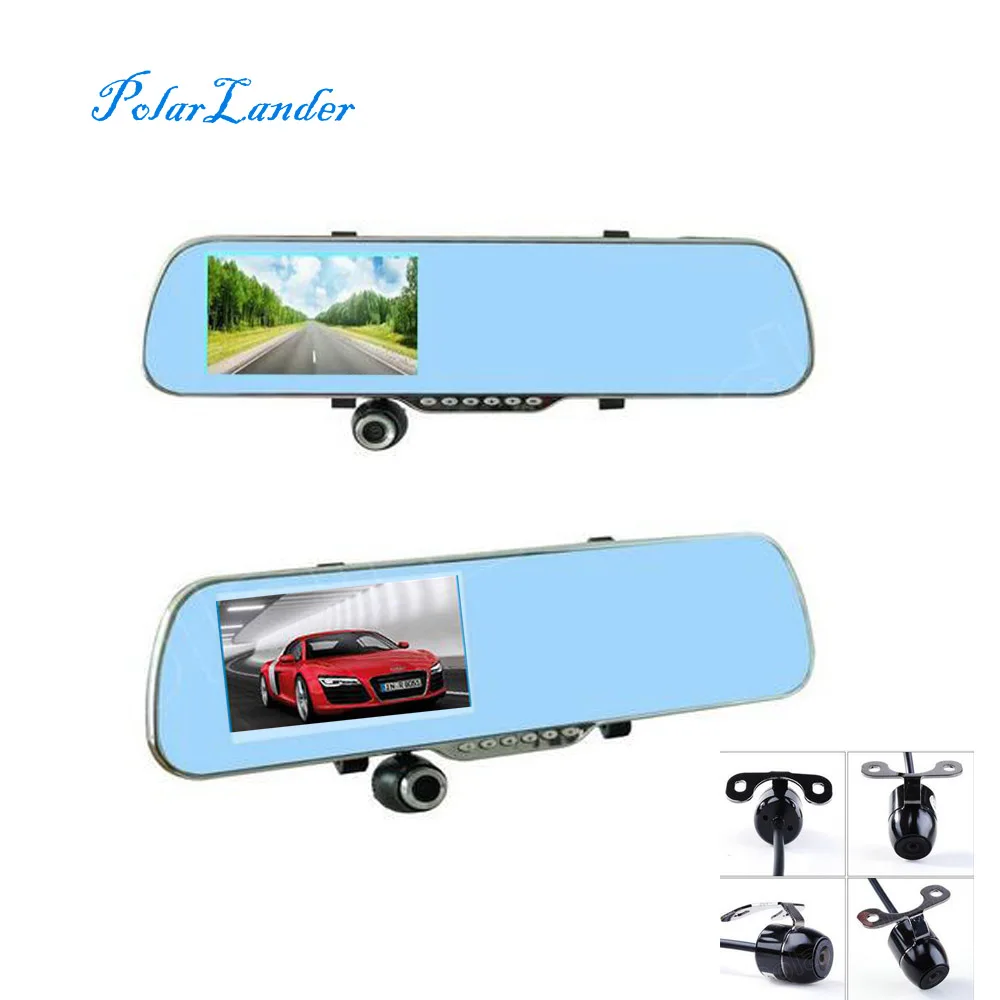 4,3 pulgadas espejo de revisión DVR de coche incluye cámara trasera de visión nocturna inversa de doble lente videocámara dash cam video grabadora de conducción - 1