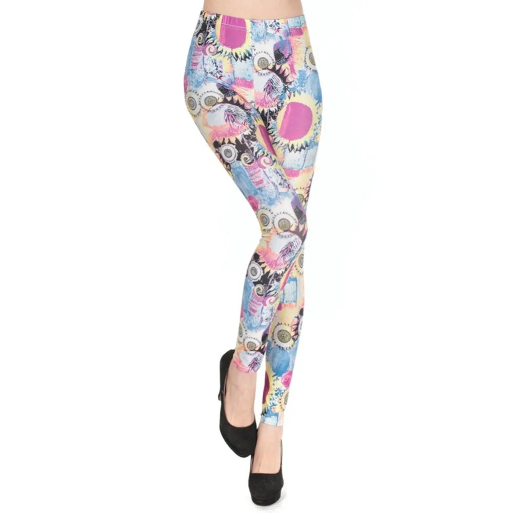 European Style Sunflower Floral Print Female Leggings Knitted Polyester