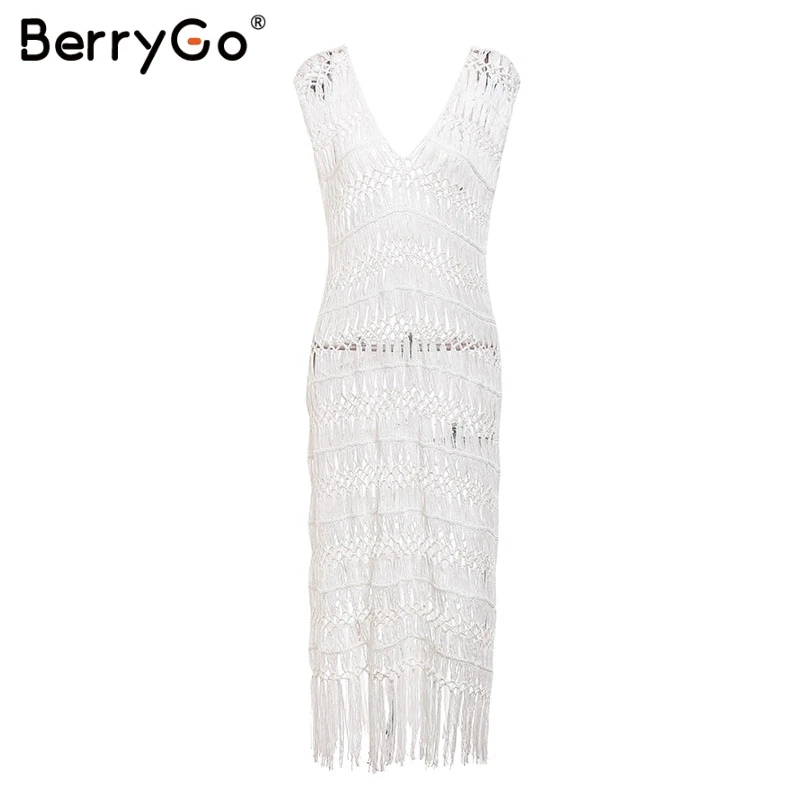 BerryGo женское платье кружевное накидка See through tassel пляжное сексуальный летний