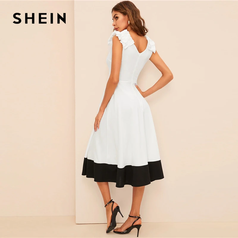 SHEIN Контрастное Платье С Молнией Сзади Женское Белое Элегантное V Образным