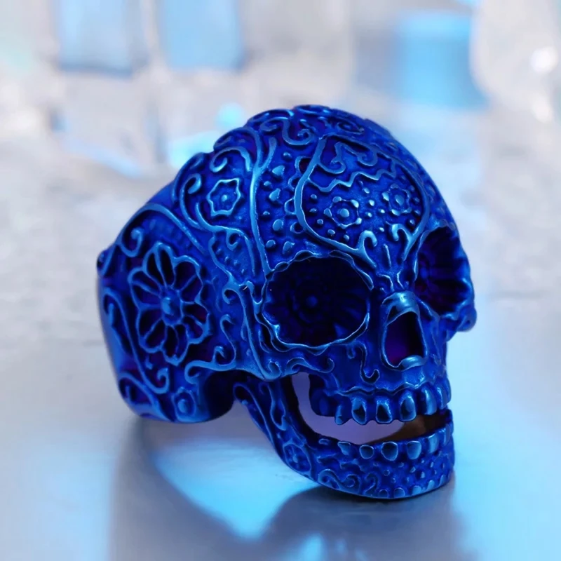 

size 7-13 gold silver blue vintage flower skull rings for men women rock roll style biker rings party band jewelry