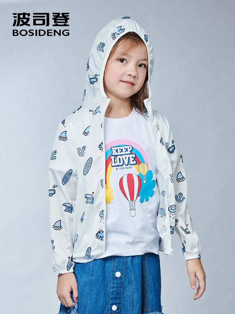 

BOSIDENG kids coat hooded casual wear V-neck print spring thin coat skin coat high quality C811CE0005
