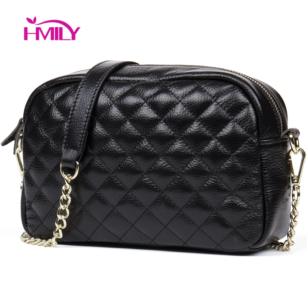 

HMILY Genuine Leather Women Messenger Bag Plaid ladies Crossbody Bag Chain Trendy Cowskin Small Shopping Daily Shoulder Bag