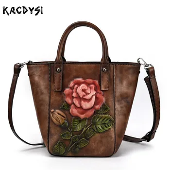 

Original Quality Womens Crossbody Shoulder Bags Real Cow Leather Retro Hand Colored Messenger Bag Flower Pattern Female Handbags