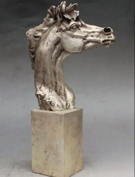 

14" Chinese Fengshui Silver Success Horse Head Animal Art Adorn Statue Sculpture