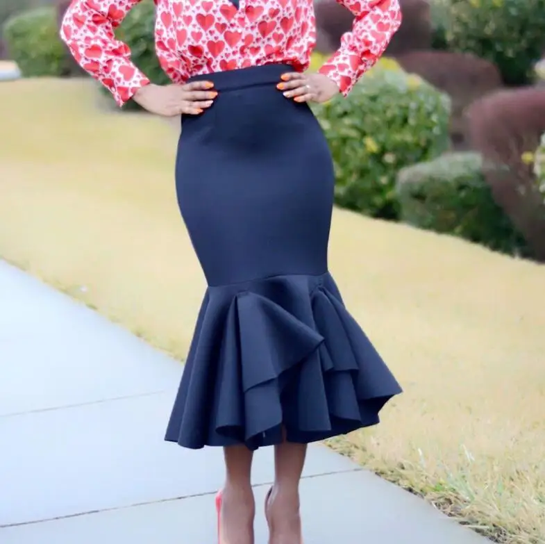 

Women Black Bodycon Mermaid Skirt High Waist Slim Ruffles Patchwork Package Hip Jupes Falads Elegant Femme OL Skirt EN-001