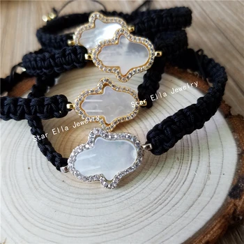 

10pc/lot Fashion hand made rope braiding Micro Pave CZ and natural MOP hamsa Connector Braiding Macrame Bracelet