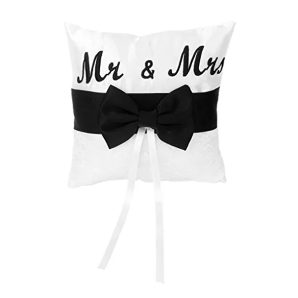 

Mr & Mrs Satin Ribbon Bow Bowknot Wedding Ring Pillow Pearl Cushion Embroider Ring Pillow Matte Satin Wedding Ring Pillow