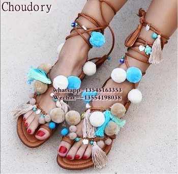

Women flats stones Pom poms strappy sandals multi color summer gladiator sandals lace up fringed flats sandals free ship