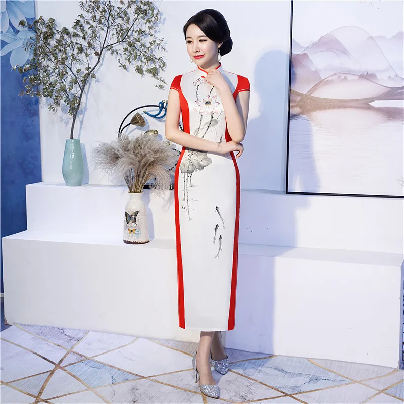 Дамы Чонсам Brade китайский стиль воротник стойка длинное платье женские Qipao тонкие Вечерние платья Vestido