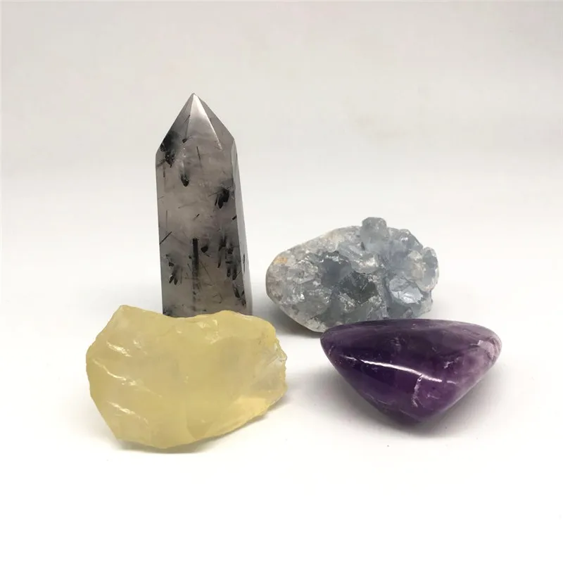 Natural black tourmaline quartz crystal point + celestine geode + citrine rough stone + amethyst polished stone (4)