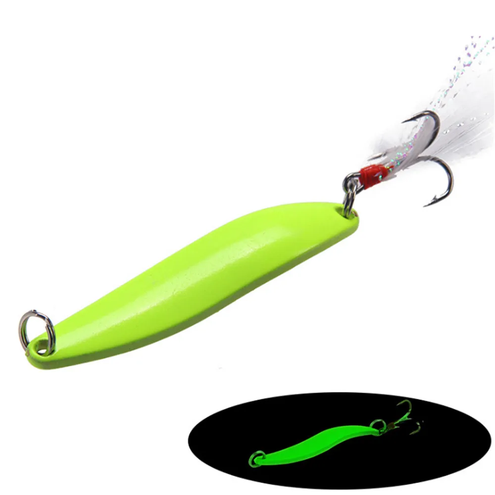 FISHINAPOT 1pcs 5g/7g/10g/13g Metal Luminous Spoon Spinner Fishing Lure Hard Bait with Feather Hook Pesca Wobbler Lure