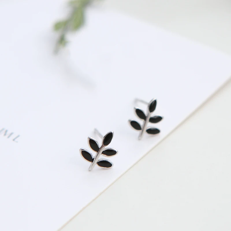

LWONG 925 Sterling Silver Tiny Black Olive Branch Stud Earrings for Women Simple Leaves Earrings Mini Minimalist Earrings Studs