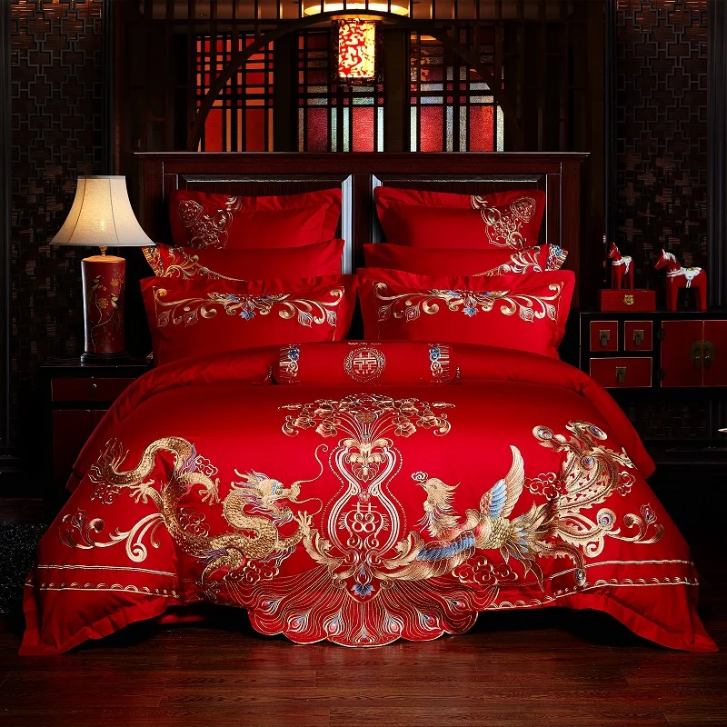 

Luxury Gold Loong Phoenix Embroidery Wedding Style Bedding Set Red 100% Cotton Duvet Cover Bed sheet/Linen Bedspread Pillowcases