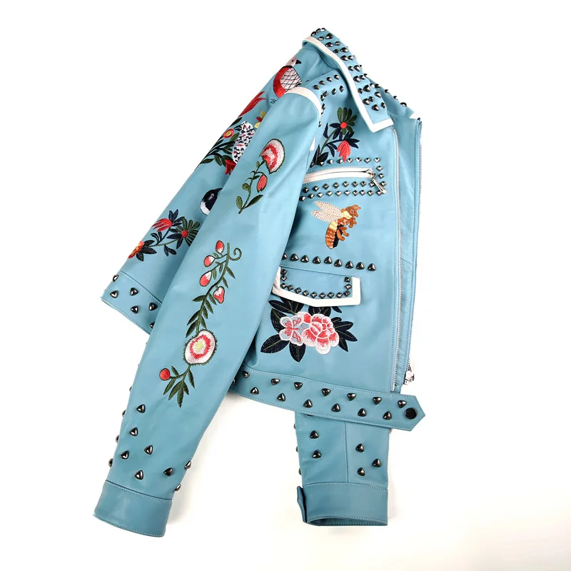 100%Women leather jacket embroidery locomotive leather jacket runway designer high quality embroidered embroidery leather jacket