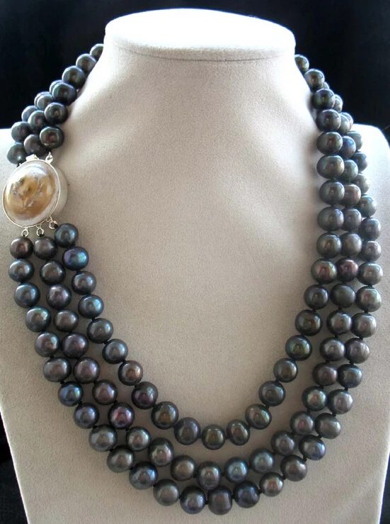 

N 3rows freshwater pearl black round 10-11mm necklace Discount AAA