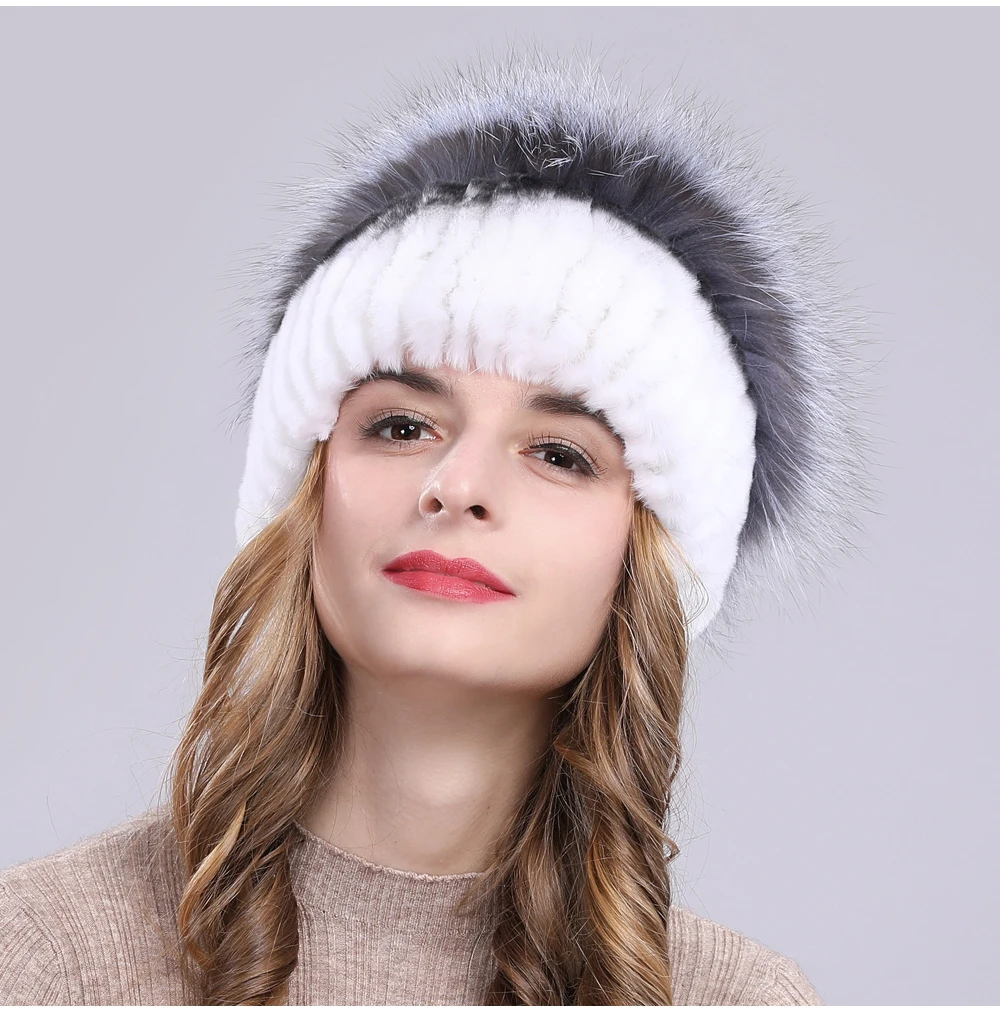 Outdoor Women Warm Soft Genuine Rex Rabbit Fur Hat Knitted Natural Real Sliver Fox Fur Caps Winter Real Rabbit Fur Beanies Hats