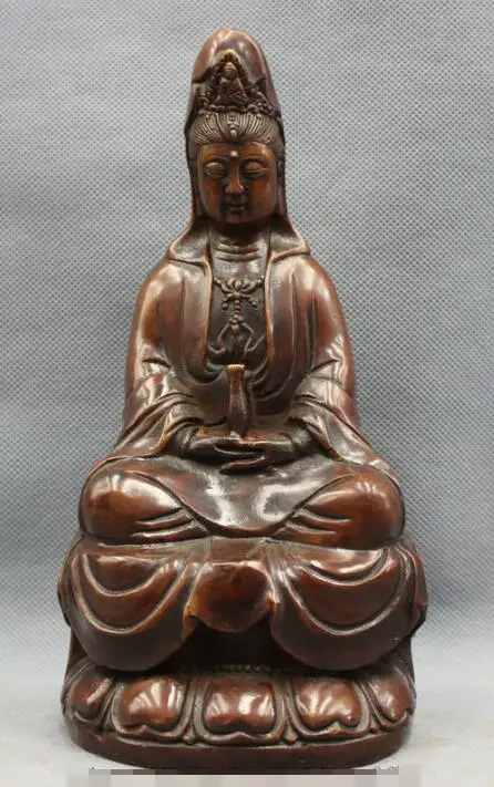 

S06911 9" Folk Chinese Bronze Buddhism Lotus Kwan-Yin GuanYin Buddha Pot Goddess Statue