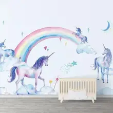 Фотообои Свежий Акварель Ручная роспись Tianma Радуга Единорог дети Фон стены украшения дома Фреска 3d обои