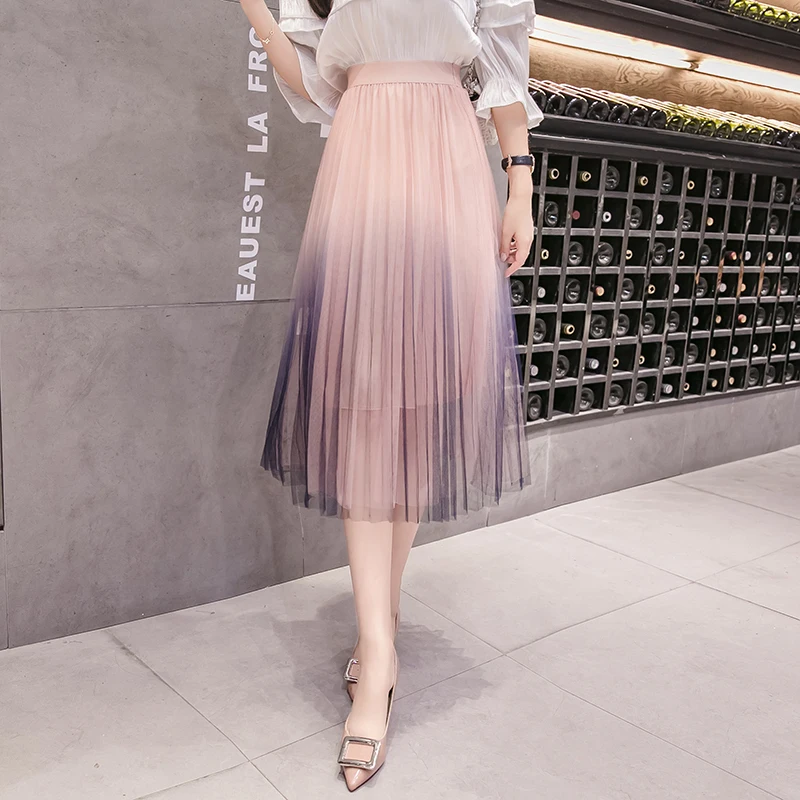 Длинная женская Тюлевая юбка лето осень градиент Корейская элегантная Высокая талия трапециевидная плиссированная школьная юбка миди женская розовая